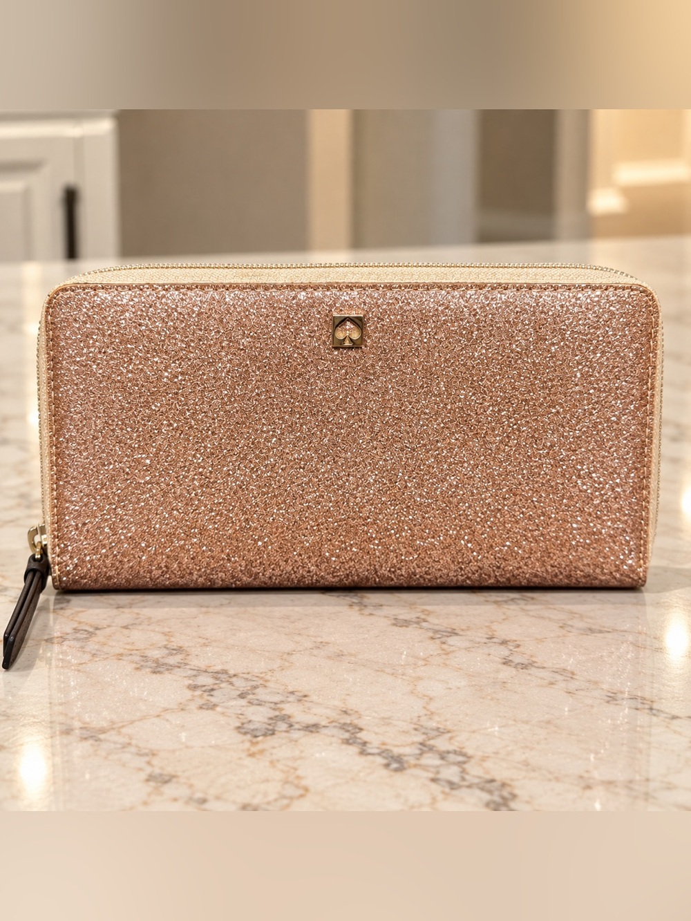 Kate Spade Glitter Rose Gold Zip Around wallet